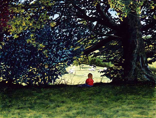 Watercolour and prints of the artist's son sitting in a field above Laugharne, Wales, with cows.